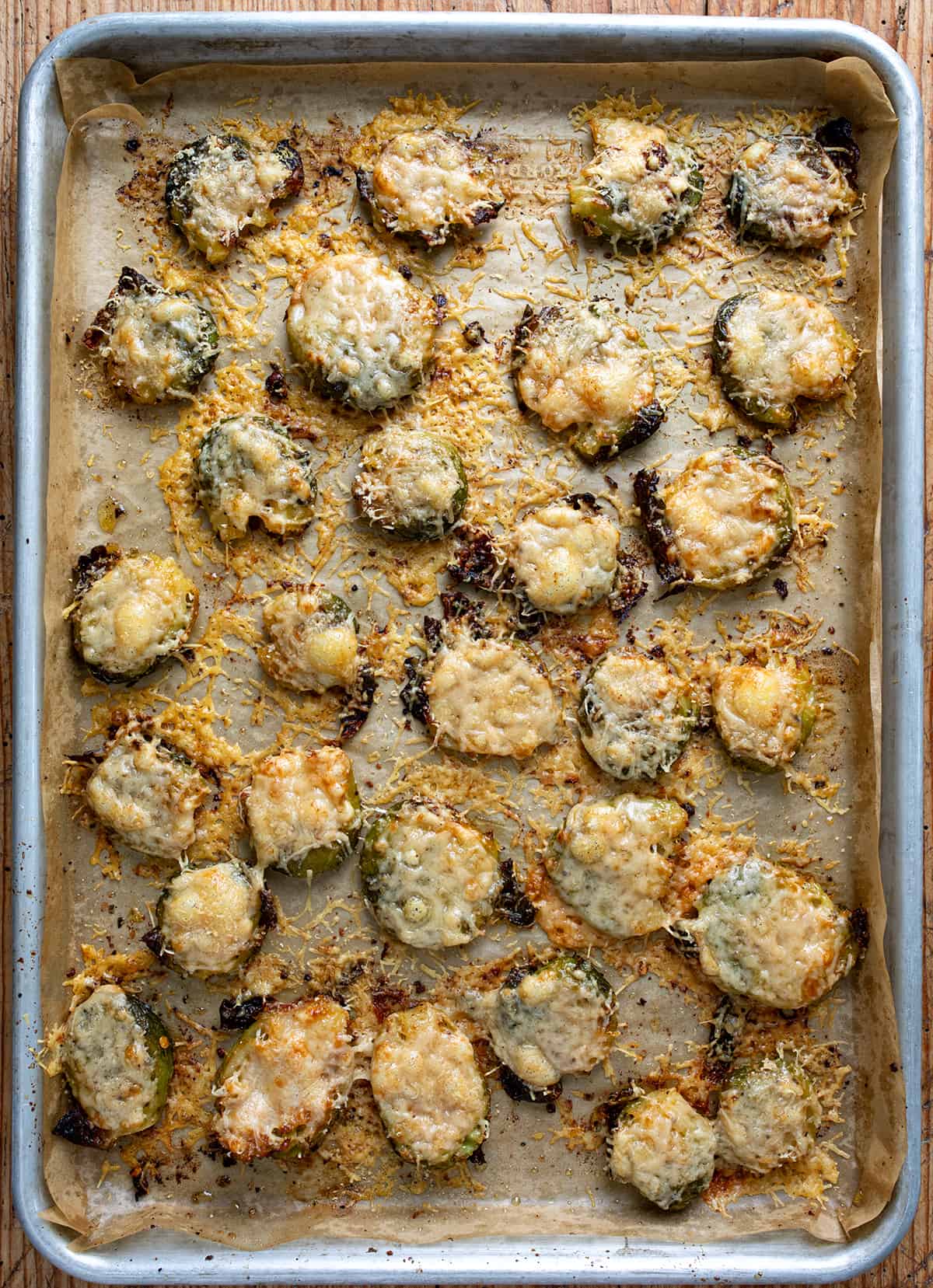 Smashed Brussels Sprouts on a Sheep Pan with Parmesan After Baking.