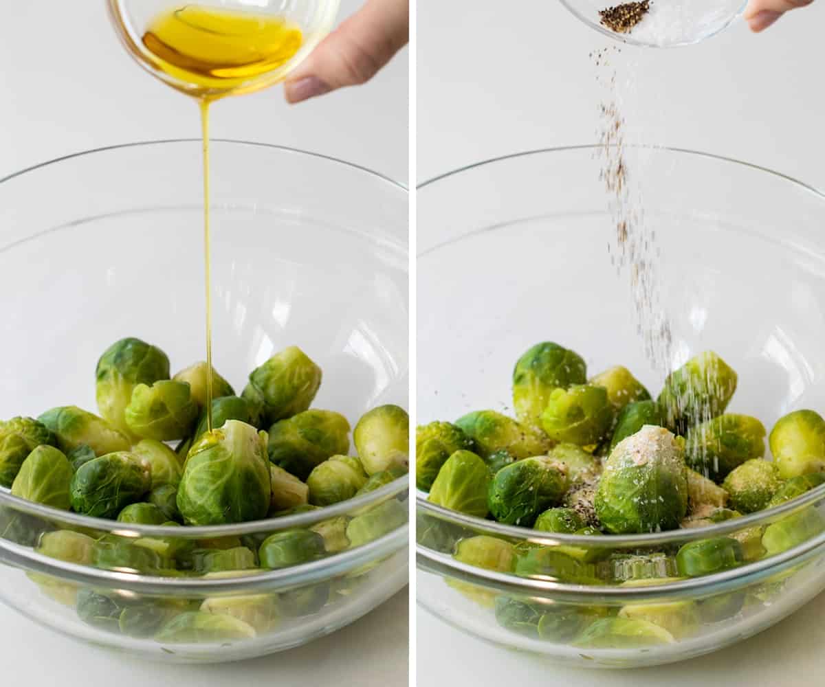 Brussels Sprouts in a Bowl Being Coated in Oil and Seasonings.