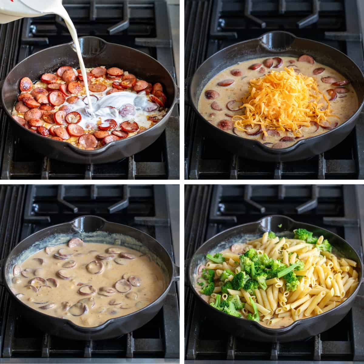 Steps for Making Creamy Kielbasa Broccoli in a Skillet with Smoked Sausage, cheese, cream, Noodles, and Broccoli.