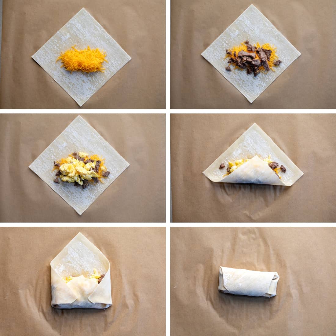 Process images for assembling a Steak Egg and Cheese Egg Rolls with Wonton Wrappers.