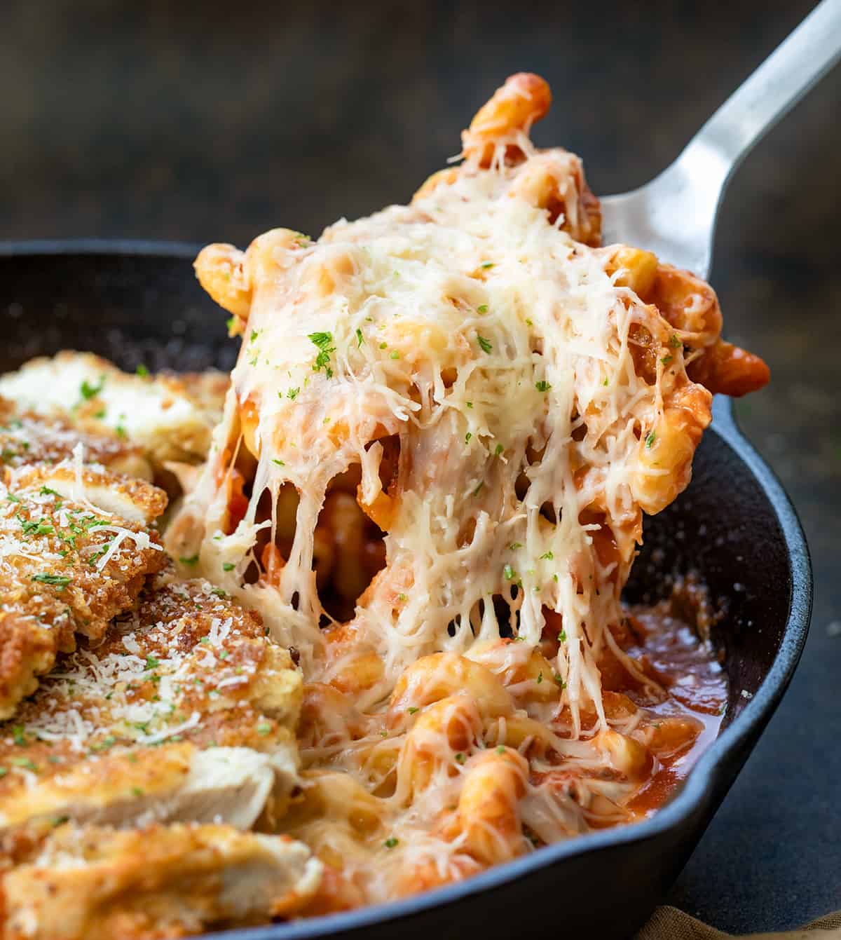 Cheesy Scoop of Parmesan Chicken Pasta from the Skillet.