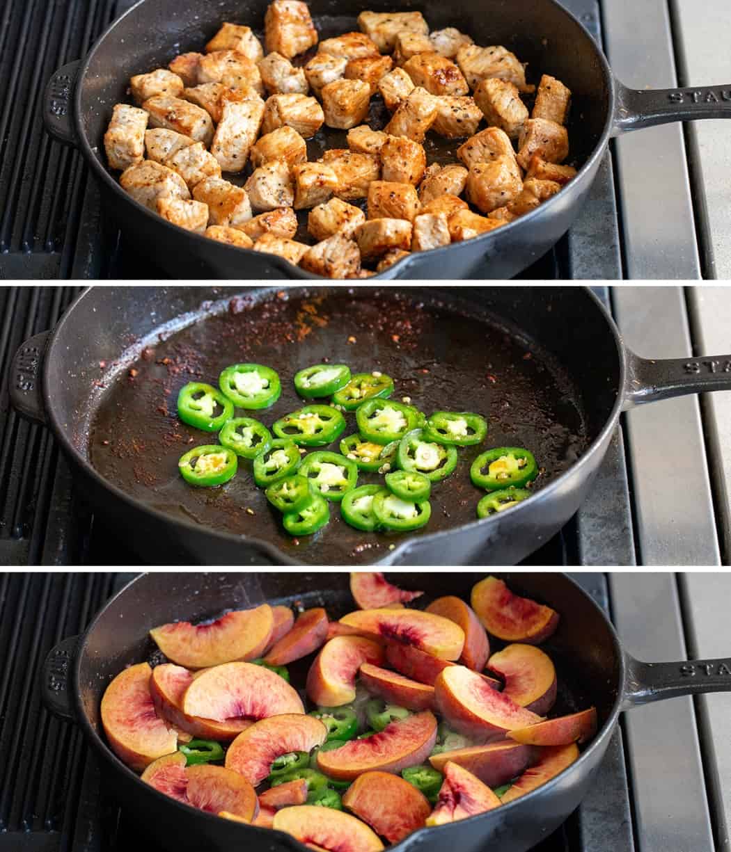 Skillets with pork bites, jalapeno, and fresh peach slices being cooked to make Jalapeno Peach Pork Bites.
