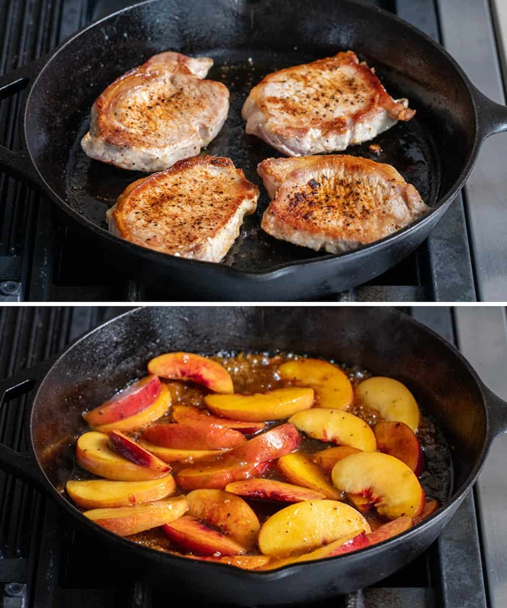 Pork Chops Cooking in Skillet, then removed and Sliced Peaches and Glazed added to same pan to make Peach Pork Chops.