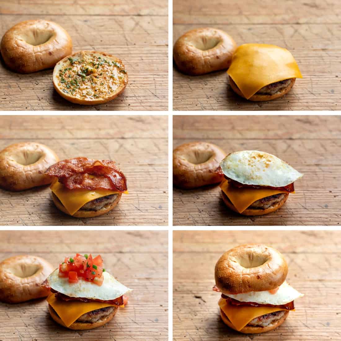 Steps for Building a Cowboy Breakfast Bagel with Sausage, Cheese, Bacon, Egg, Pico, and Top Bun.