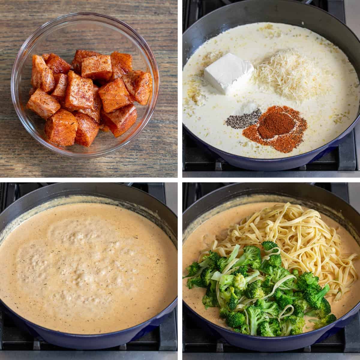 Steps for Making Blackened Salmon and Broccoli Alfredo in a Skillet.
