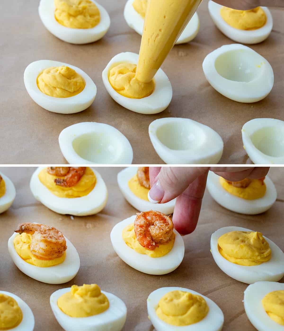 Steps for Piping Filling into Hard Boiled Eggs and Then Adding Cajun Shrimp.