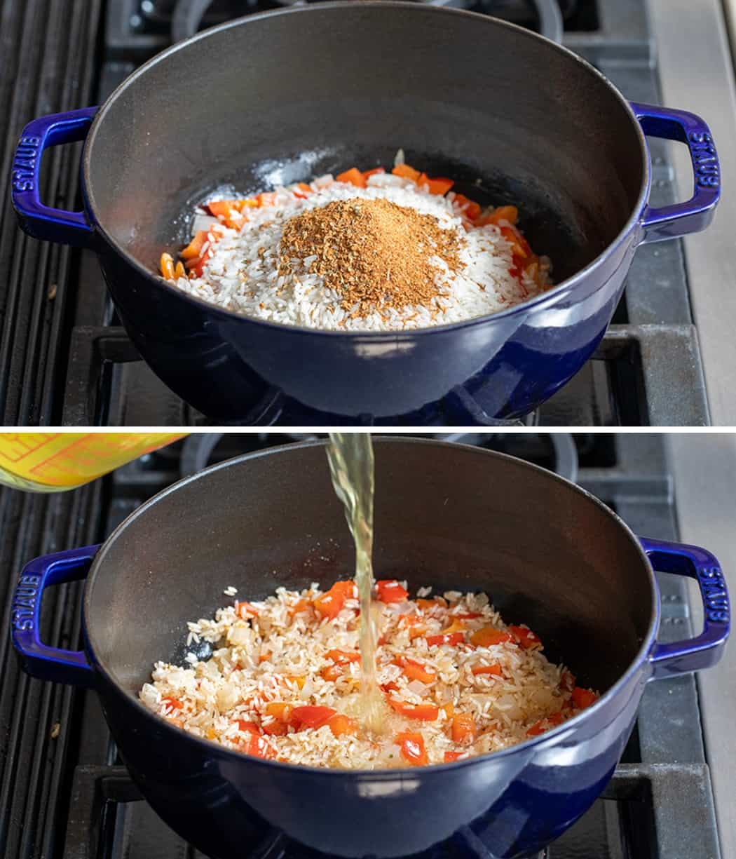 Ingredients for Preparing Cajun Shrimp and Rice on a Stovetop in a Blue Pan.