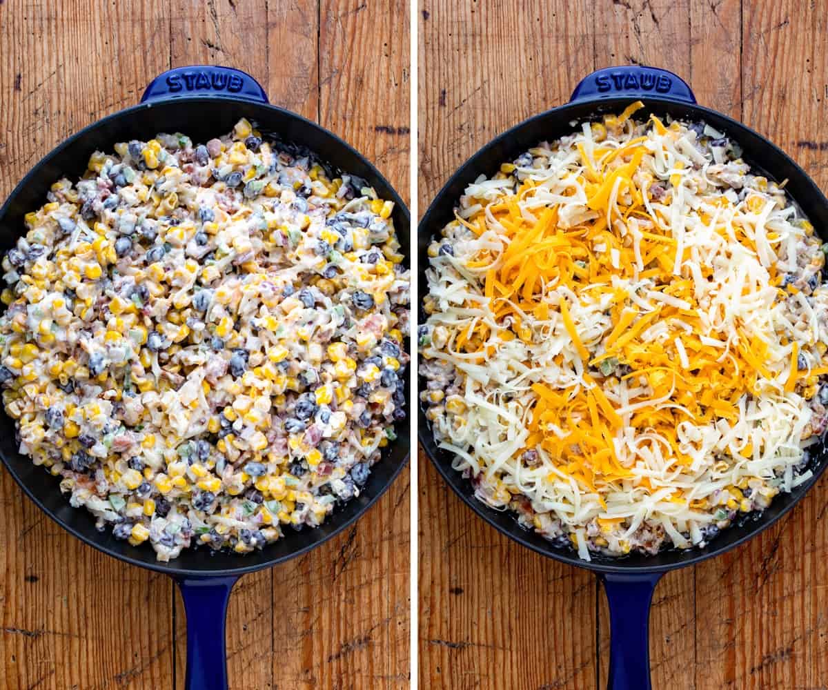 Skillet with Raw Ingredients Before Baking Cheesy Baked Cowboy Dip.