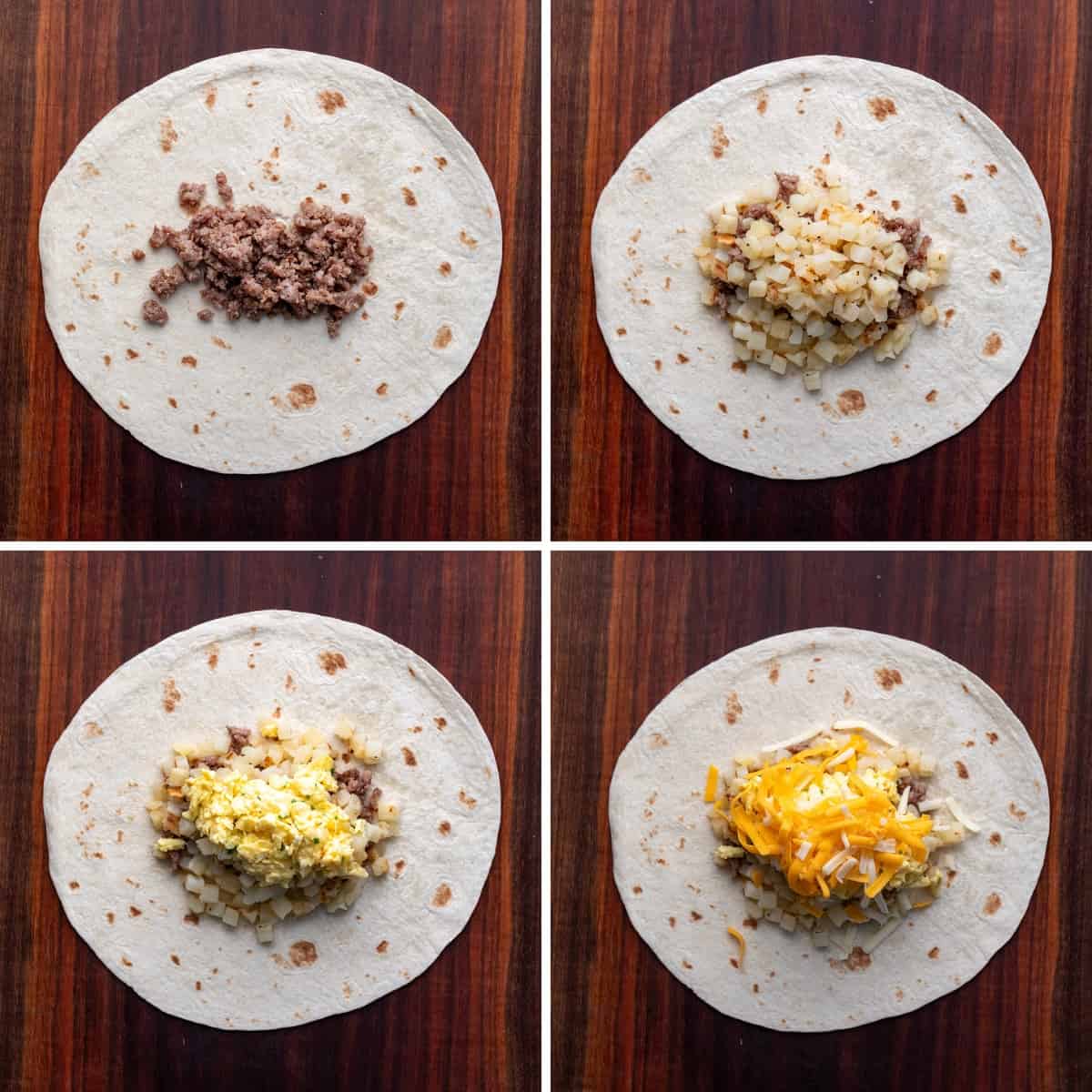 Steps for Assembling Freezer Breakfast Burritos with Meat, Potatoes, Eggs, and Cheese.
