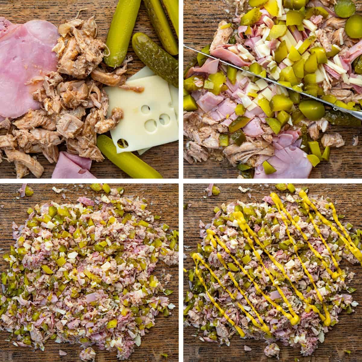 Process Steps for Ingredients for Cuban Chopped Grinder Sandwich Before Chopping, Chopping, Chopped, And Adding Mustard.