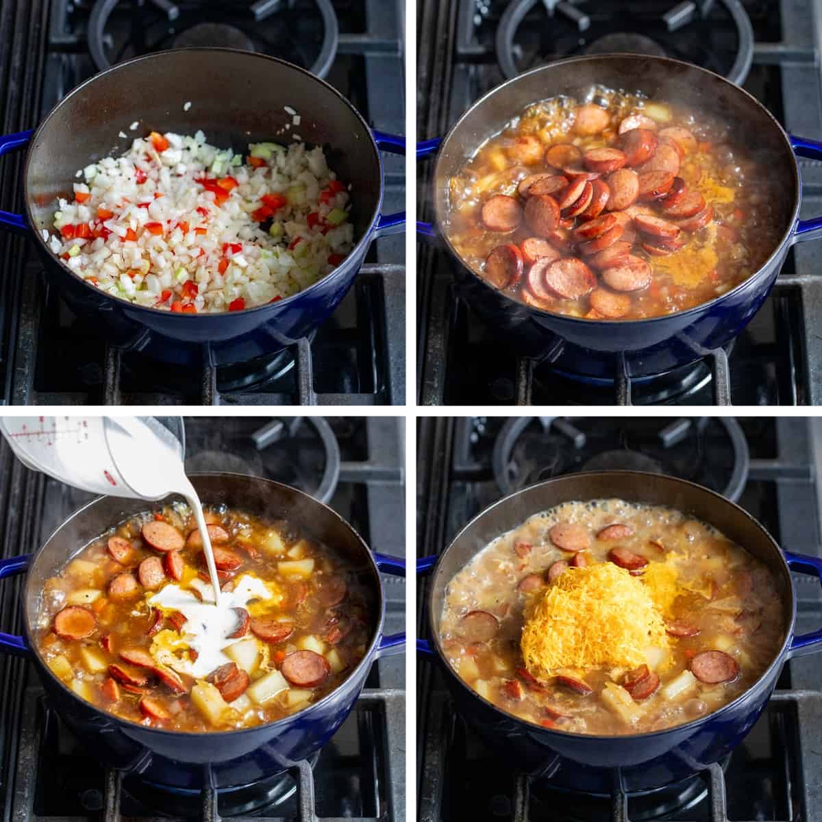 Steps for Making a Cajun Potato Soup in a Skillet Over Heat.