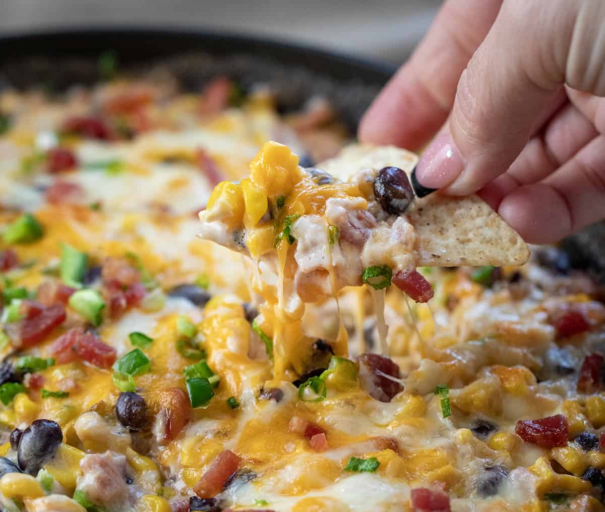 Hand Picking up a Chip with Cheesy Baked Cowboy Dip on it.