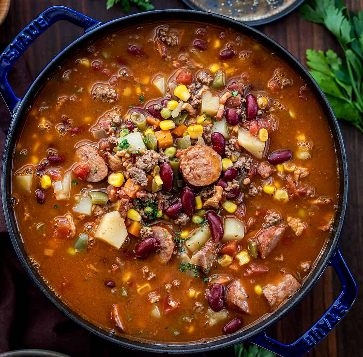 Looking Down into a Pot of Cowboy Stew on a Dark Table. 