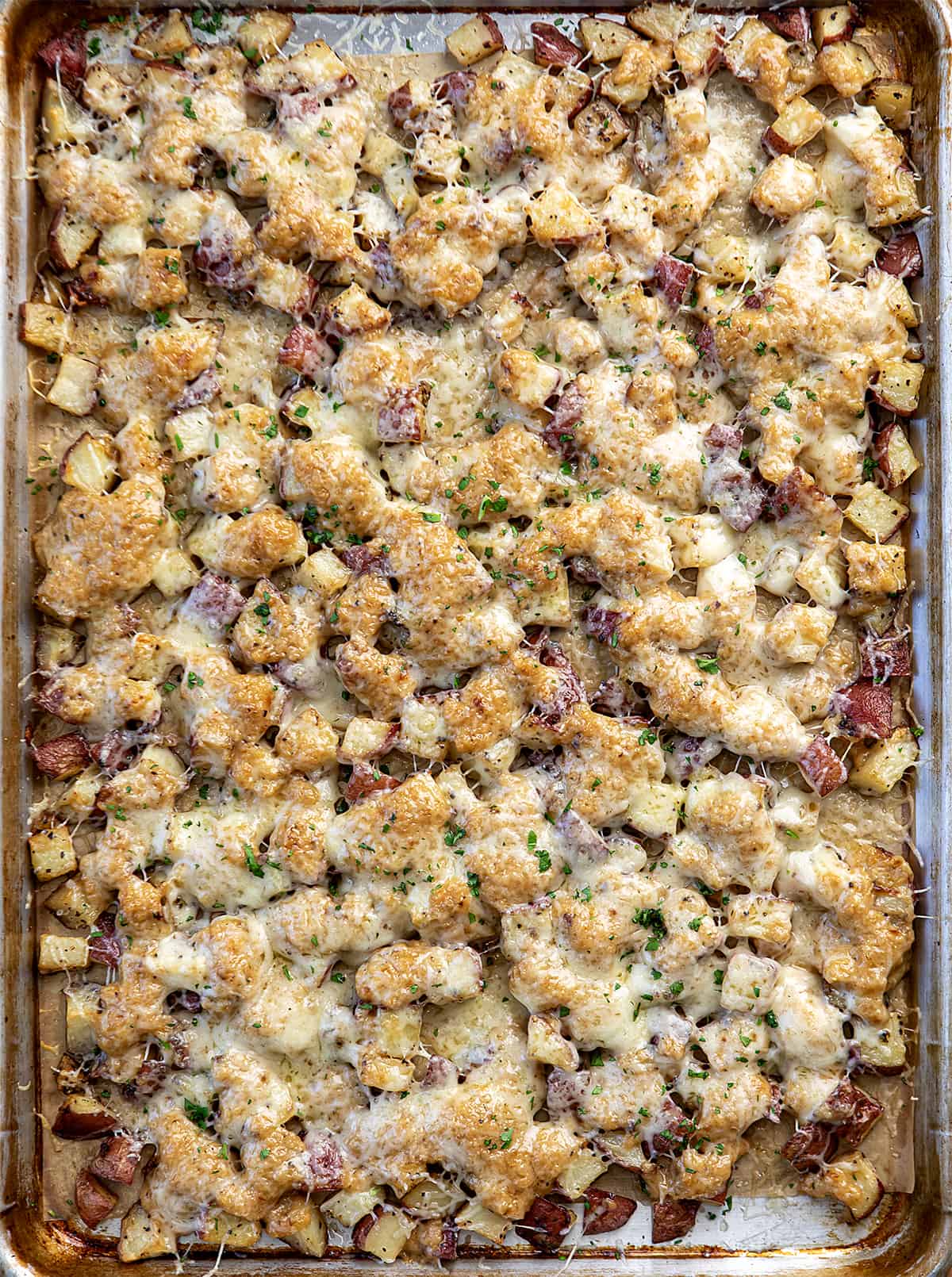 Sheet pan of French Onion Roasted Potatoes from Overhead. 