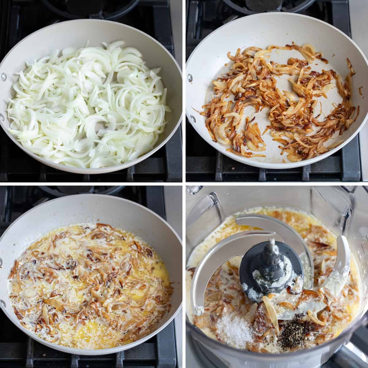 Steps for Caramelizing Onions and then Adding to Blender to Make French Onion Roasted Potatoes.