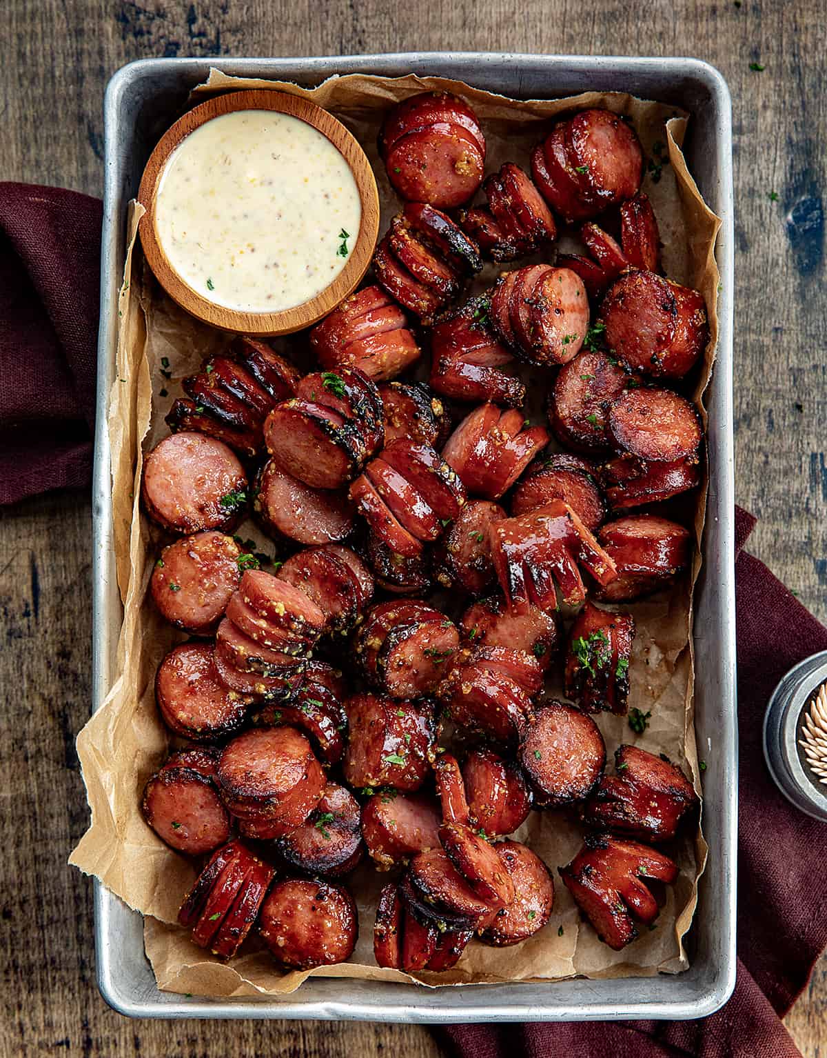 Tray of Mustard Hasselback Kielbasa Bites. 