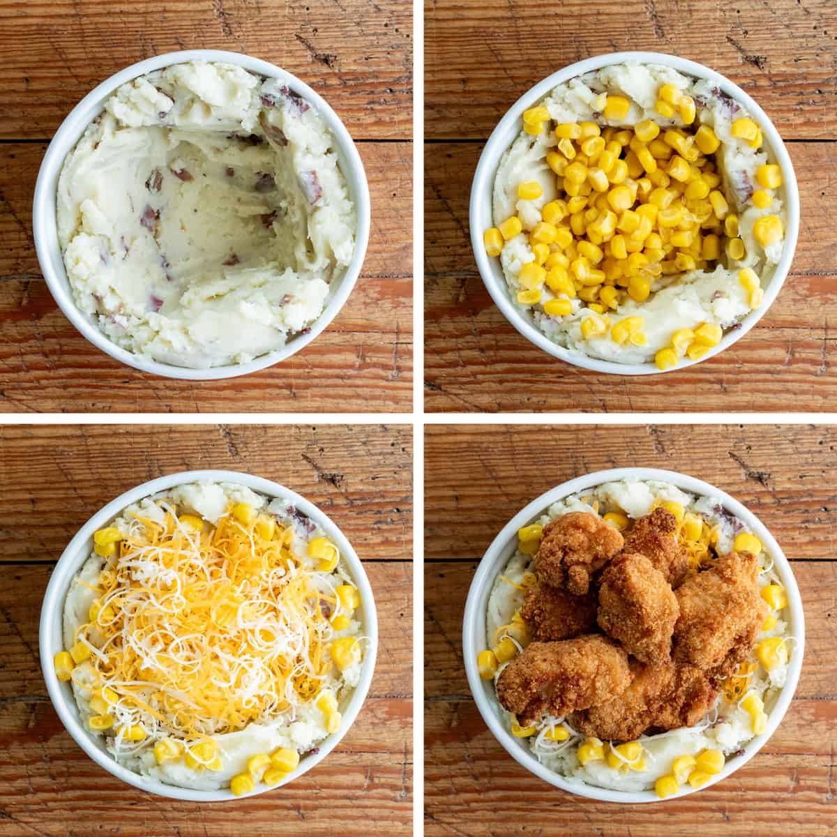 Steps for adding mashed potatoes, corn, cheese, and chicken to a bowl to make Mashed Potato Bowls.