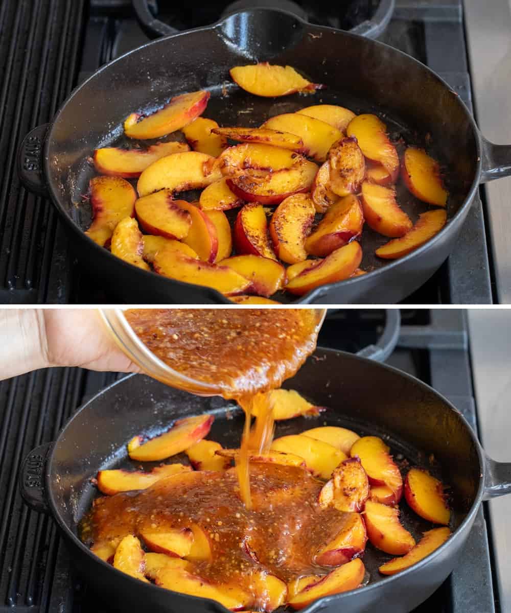 Peaches and Glaze in a Black Skillet Over heat.