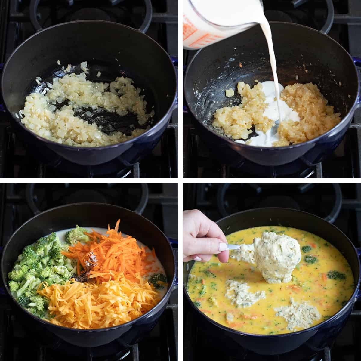 Steps for Making Broccoli Cheese Soup With Dumplings in a Pot Over heat.