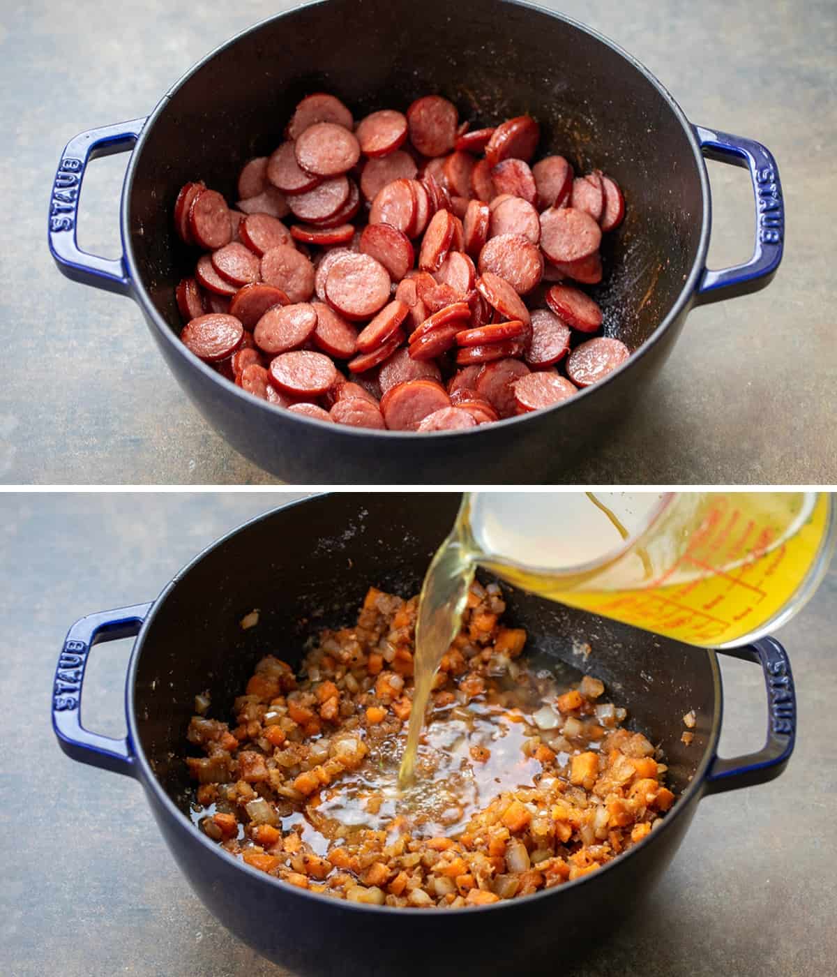 Steps for Making Creamy Bean Soup With Kielbasa in a Pot.