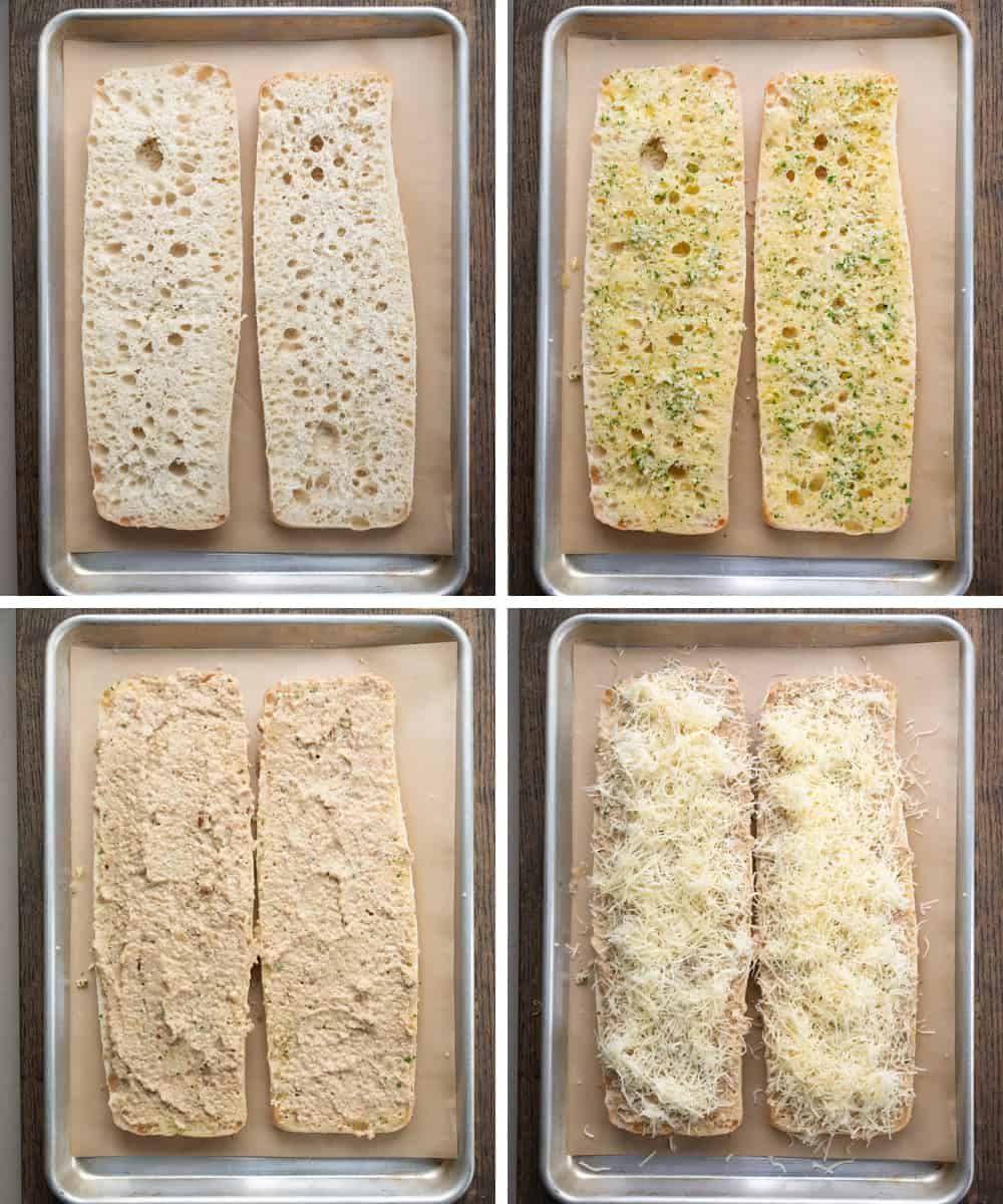 Steps for Making French Onion Garlic Bread with Bread, Garlic Butter, French Onion Puree, and a Cheese Blend.