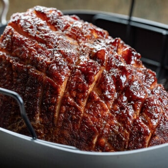 Apple Butter Honey Glazed Ham in a pan after cooking.