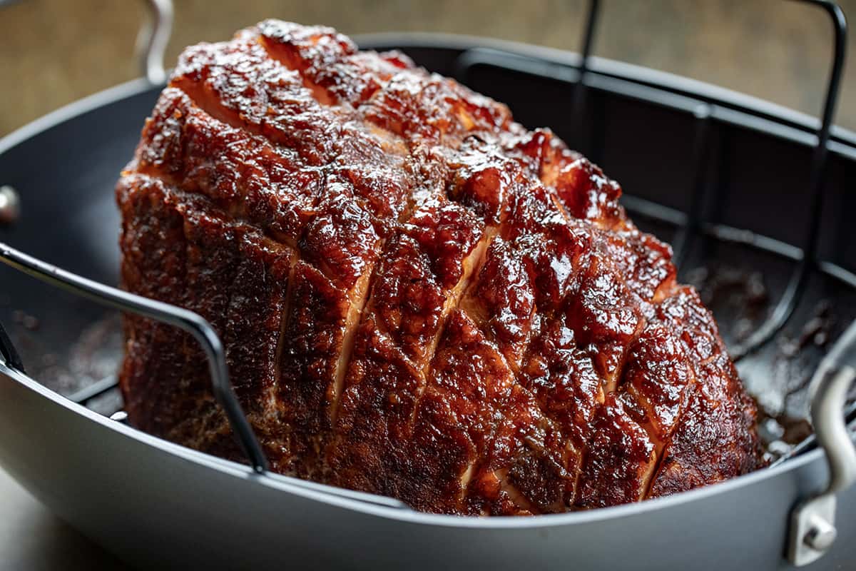 Apple Butter Honey Glazed Ham in a pan after cooking.