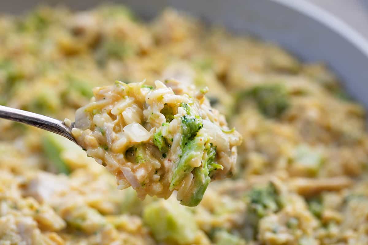 Spoonful of Creamy Chicken and Broccoli Orzo near the pan.