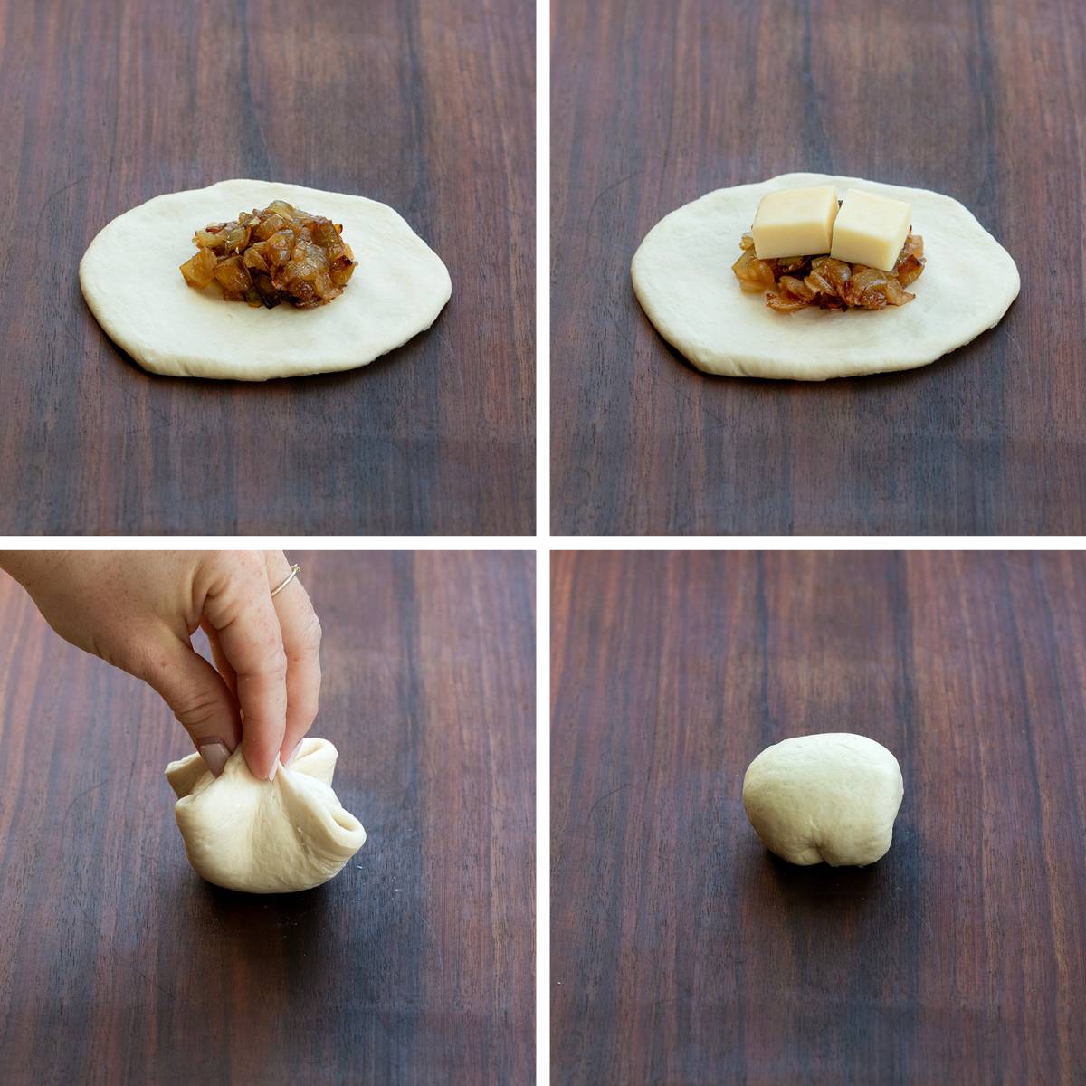 Steps for Making French Onion Bombs on a Cutting Board.