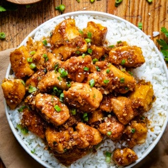 Plate of Honey Garlic Chicken Bites from overhead on a table.
