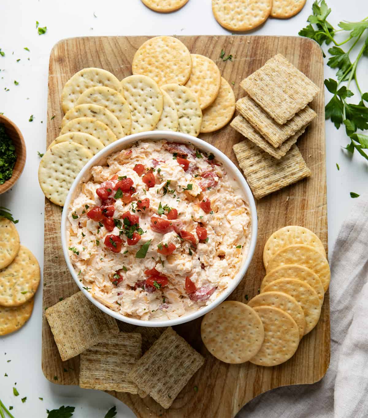Cracker board with Pimento Cheese dip on it. 