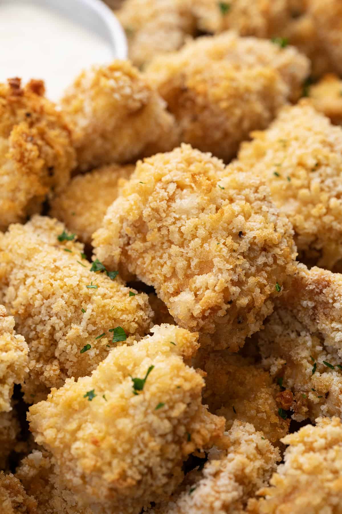 Close up of Baked Popcorn Chicken.