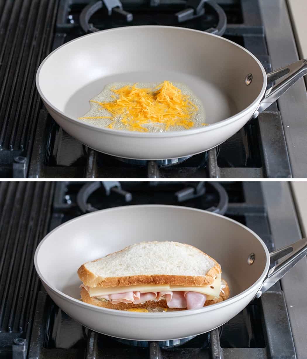 Making a crispy cheese Jalapeno Ham Grilled Cheese in a skillet.
