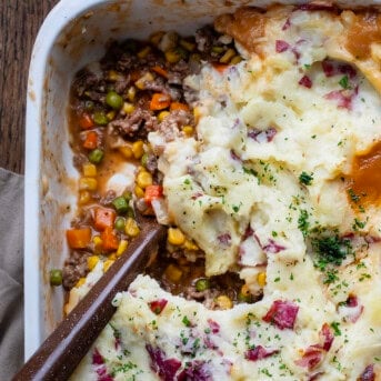 Spoon resting in the pan of Shepherd's Pie.