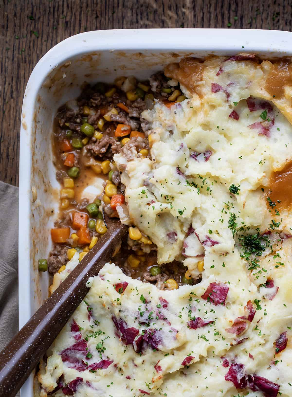 Spoon resting in the pan of Shepherd's Pie.