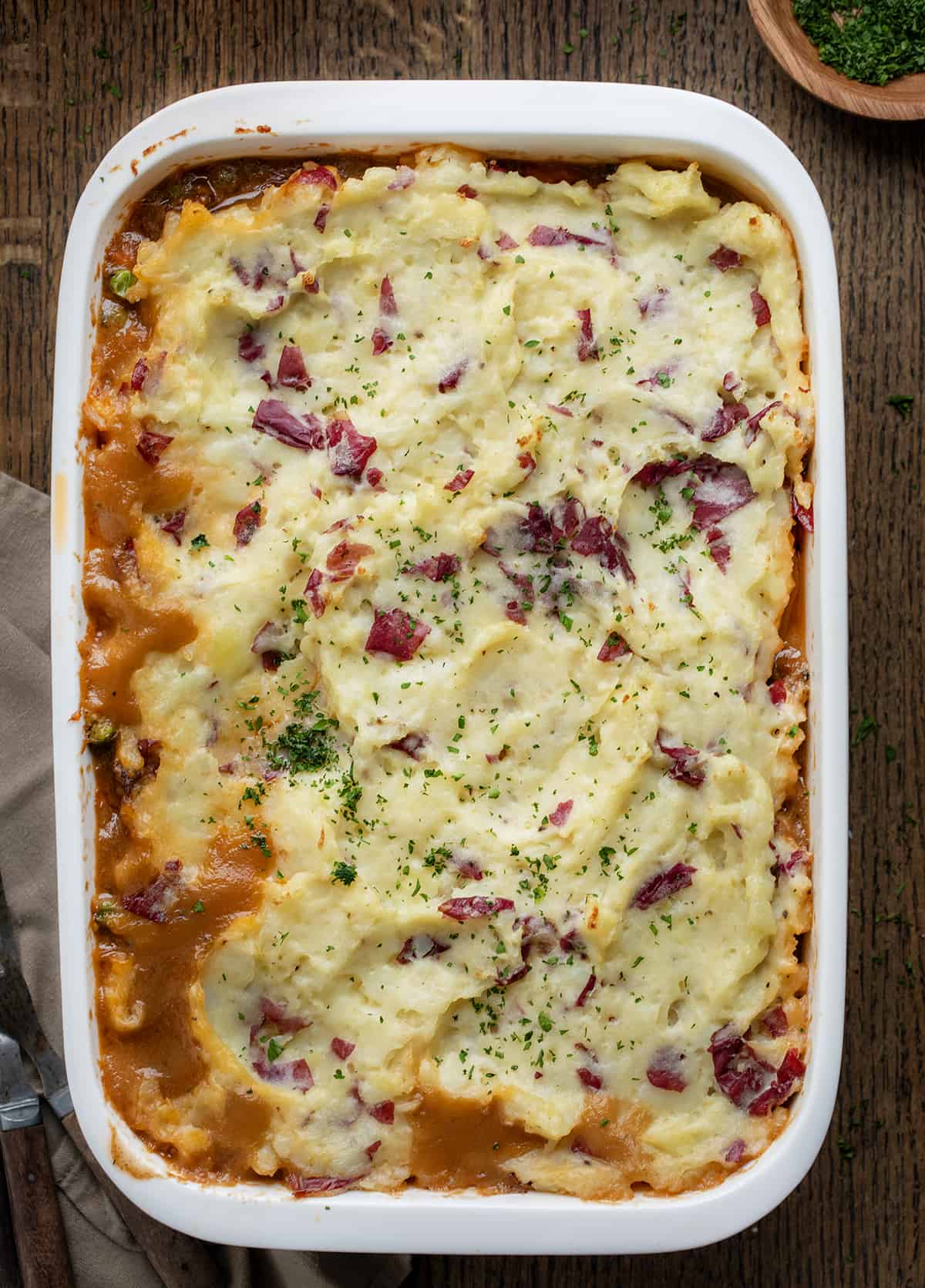 OveRHEAD VIEW of Shepherd's Pie in a Casserole Pan with Skins on mashed potatoes. 