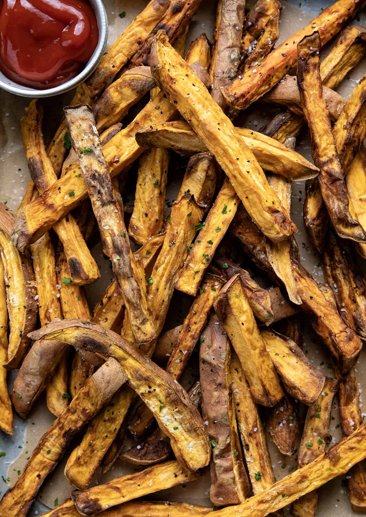 Air Fryer Sweet Potato Fries in a Tray from Overhead.