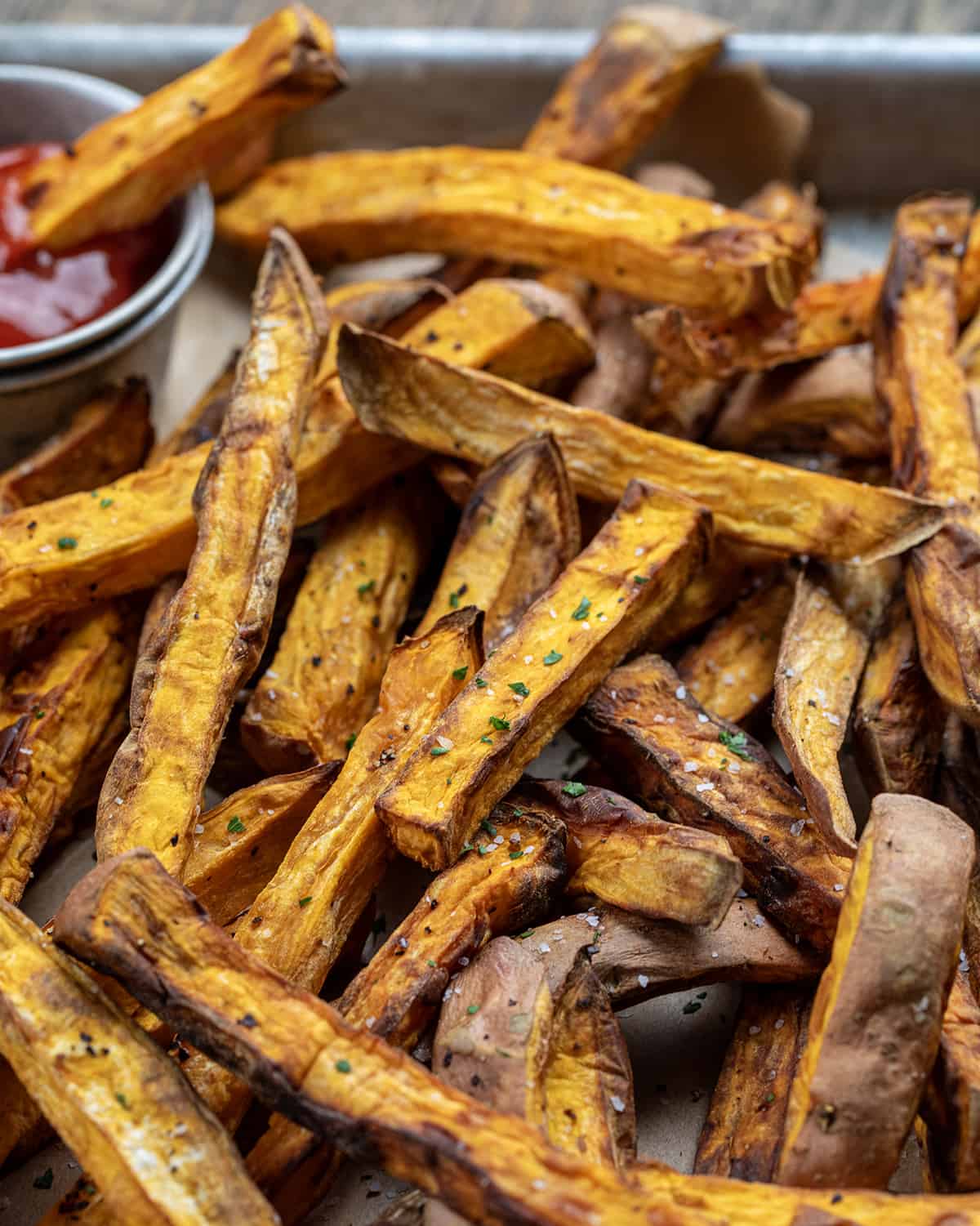 Air Fryer Sweet Potato Fries in a Tray from Overhead.