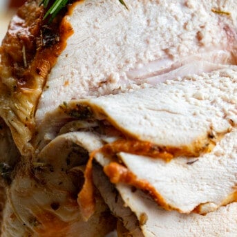 Sliced into Air Fryer Turkey Breast showing juicy inside.