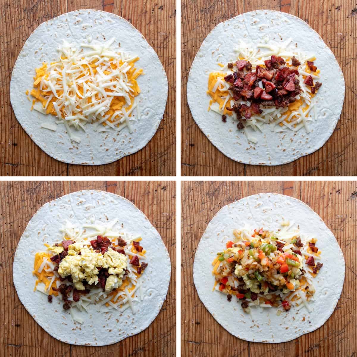 Steps for assembling a Cowboy Breakfast Burrito.