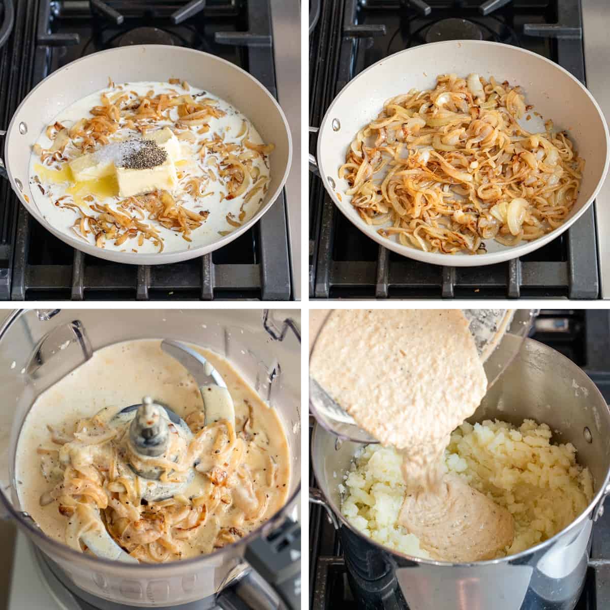 Steps for Making French Onion Mashed Potatoes in a Skillet and blender and then adding mixture to mashed potatoes.