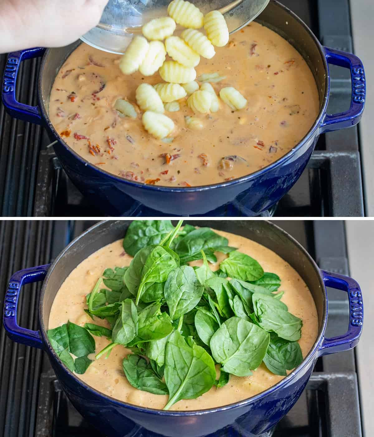 Adding gnocchi and spinach to Kielbasa Gnocchi Soup .