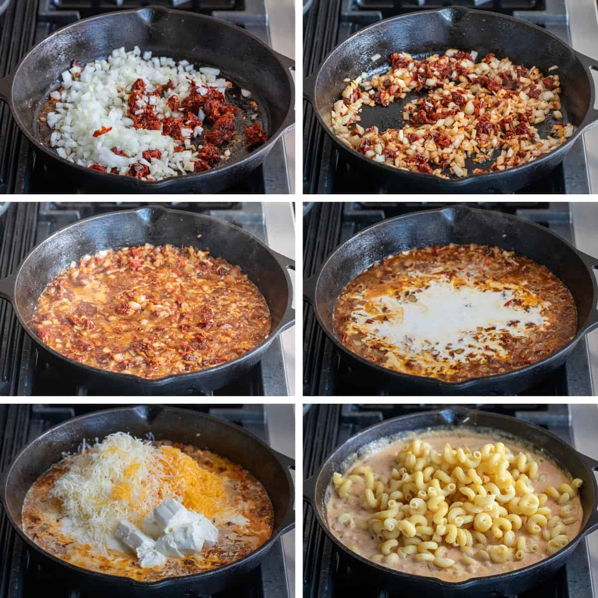 Steps for making Marry Me Chicken Pasta in a skillet over heat.