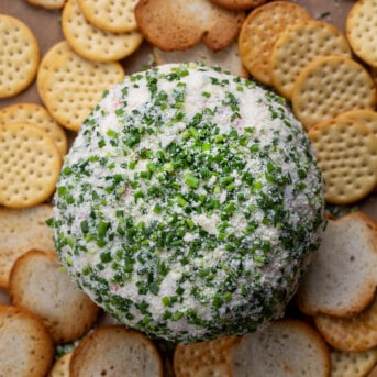 Whole Shrimp Cheese Ball surrounded by crackers.