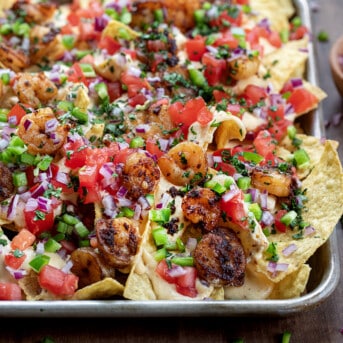 Close up of Shrimp Nachos from the side.