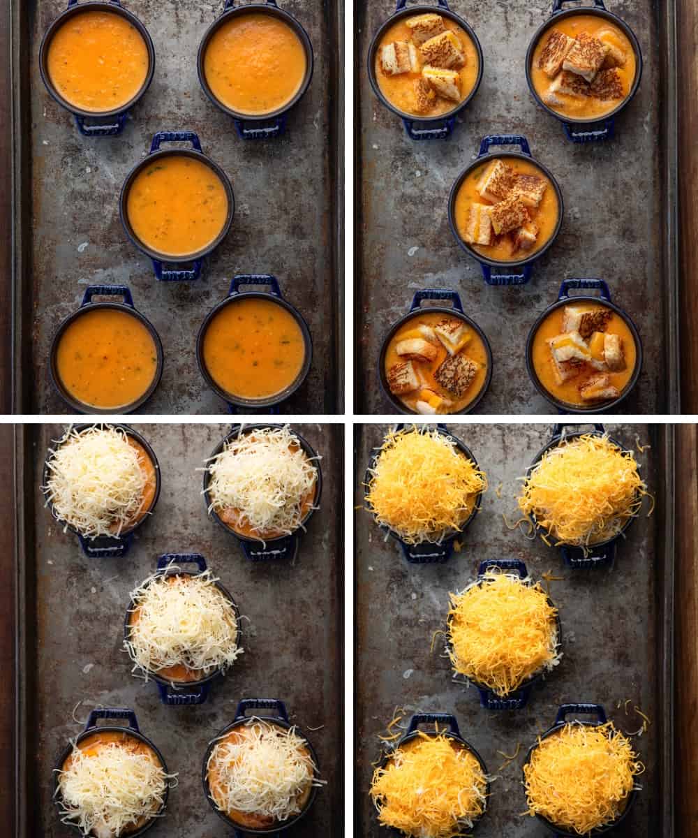 Steps for Making and Assembling Roasted Tomato Soup with Grilled Cheese Croutons.