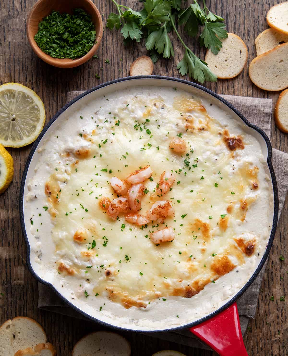 Pan of Baked Shrimp Dip on a table. 