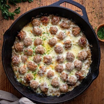 Skillet of French Onion Meatballs from overhead.