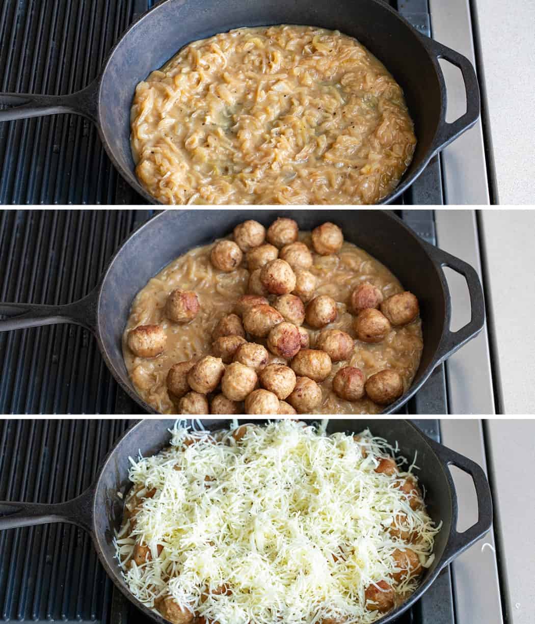 Steps for Making French Onion Meatballs in a Skillet.