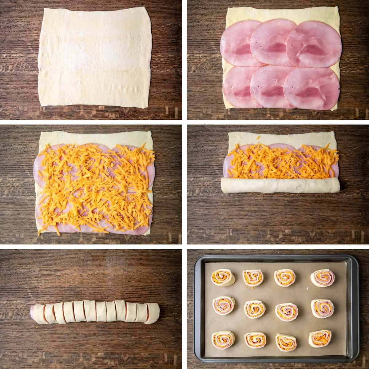 Steps for filling, rolling, and cutting Ham and Cheese Pinwheels.